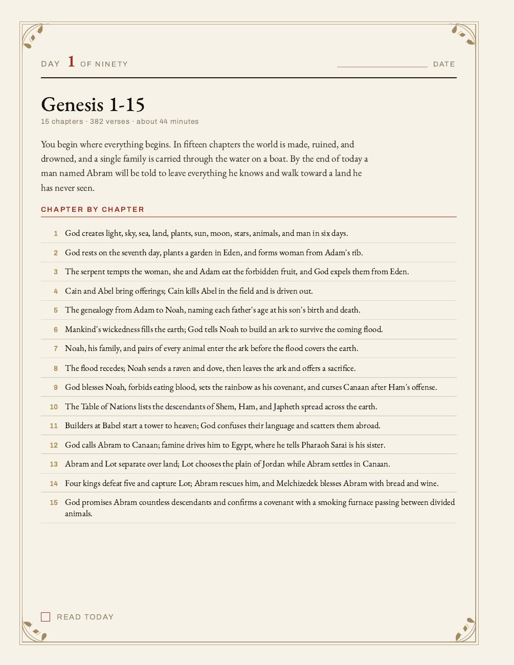 Day one journal page: Genesis 1–15 with chapter-by-chapter recaps and estimated reading time