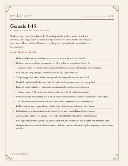 Day one journal page: Genesis 1–15 with chapter-by-chapter recaps and estimated reading time