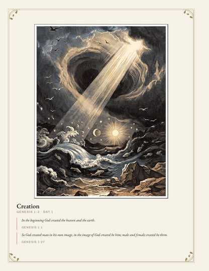 Illustrated creation scene from day one with selected King James Version verses